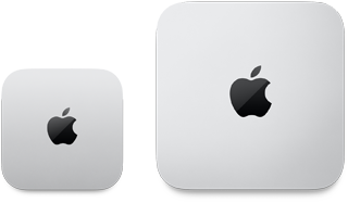 Draufsicht auf den Mac mini von 2024 in Silber mit Apple Logo neben dem Mac mini von 2023 in Silber mit Apple Logo, um den Größenunterschied zu zeigen