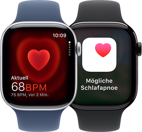 Die Herzfrequenz App mit einer aktuellen Messung von 68 BPM und eine Schlafapnoe Mitteilung auf zwei separaten Apple Watch Series 10 Geräten.