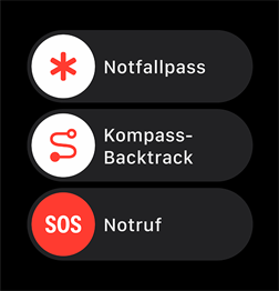 Der Notruf Schieberegler wird mit den Notfallpass und Kompass Backtrack Schiebereglern gezeigt.